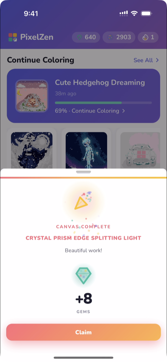 Canvas complete celebration with confetti and a gem reward