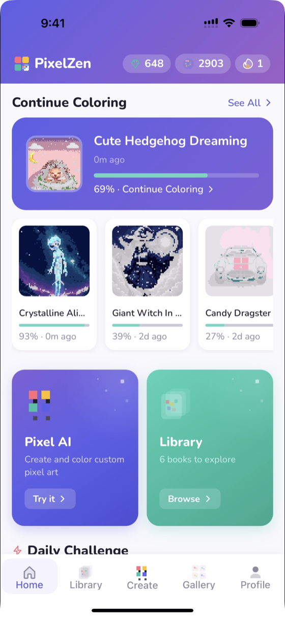 PixelZen home screen with in-progress canvases