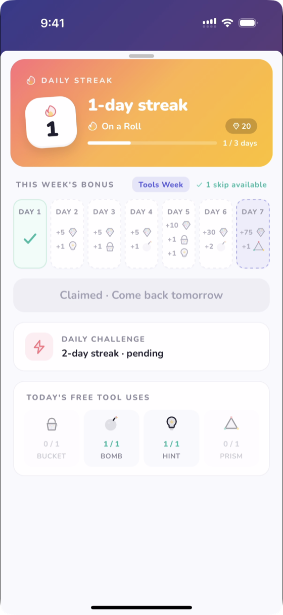 Login streak screen with weekly reward ladder