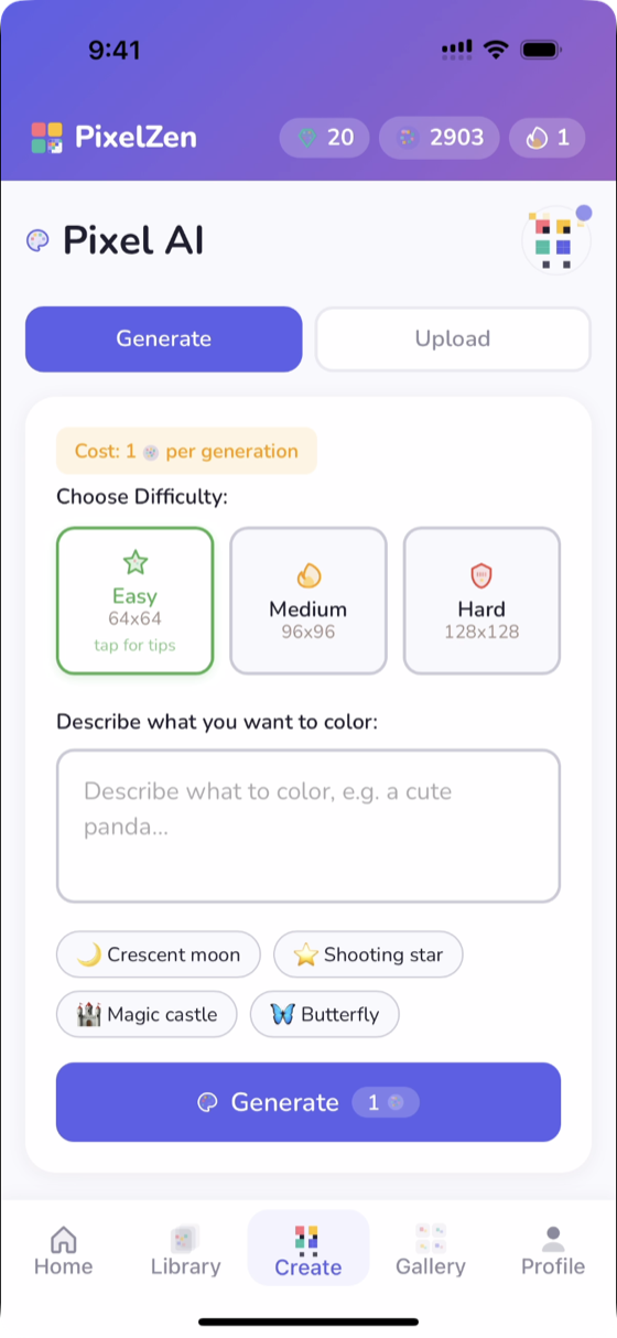 Pix's Workshop prompt screen with difficulty tiers
